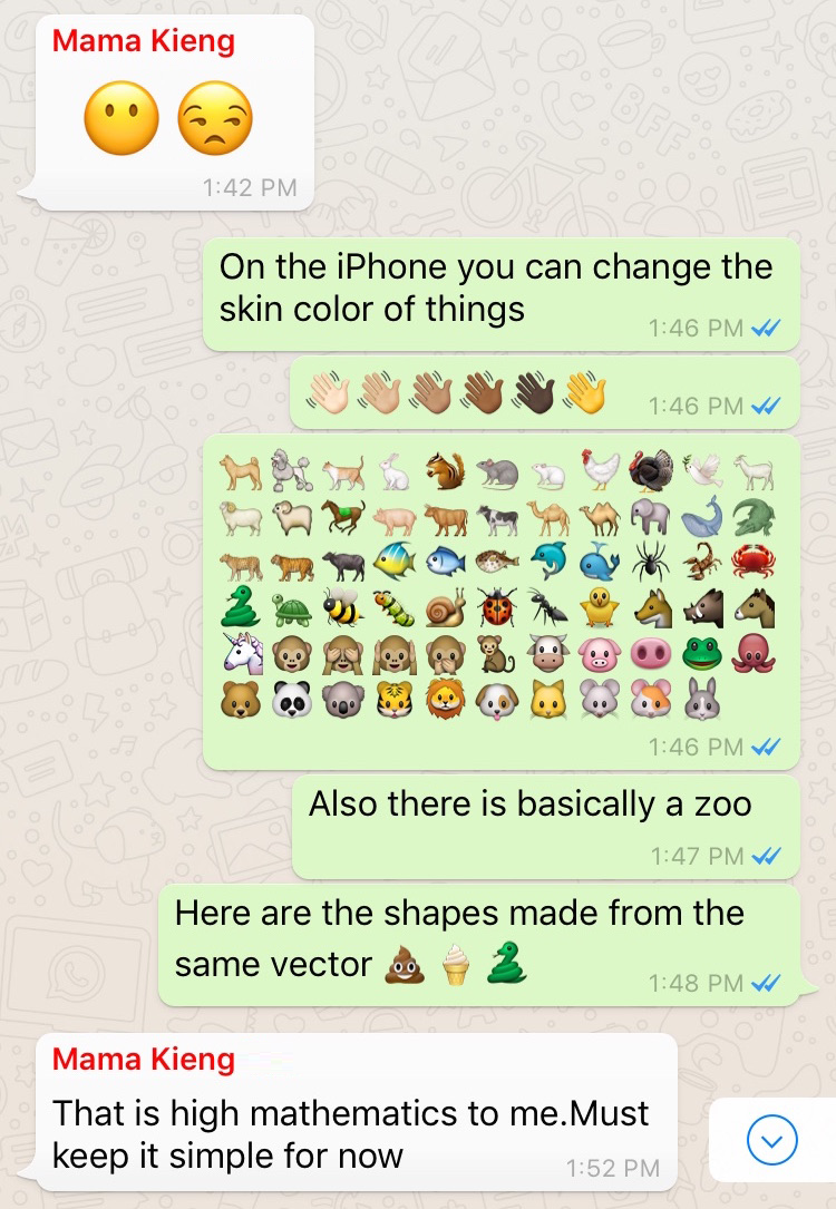 Trying to get Mama Kieng to use fancier emoji in Whatsapp