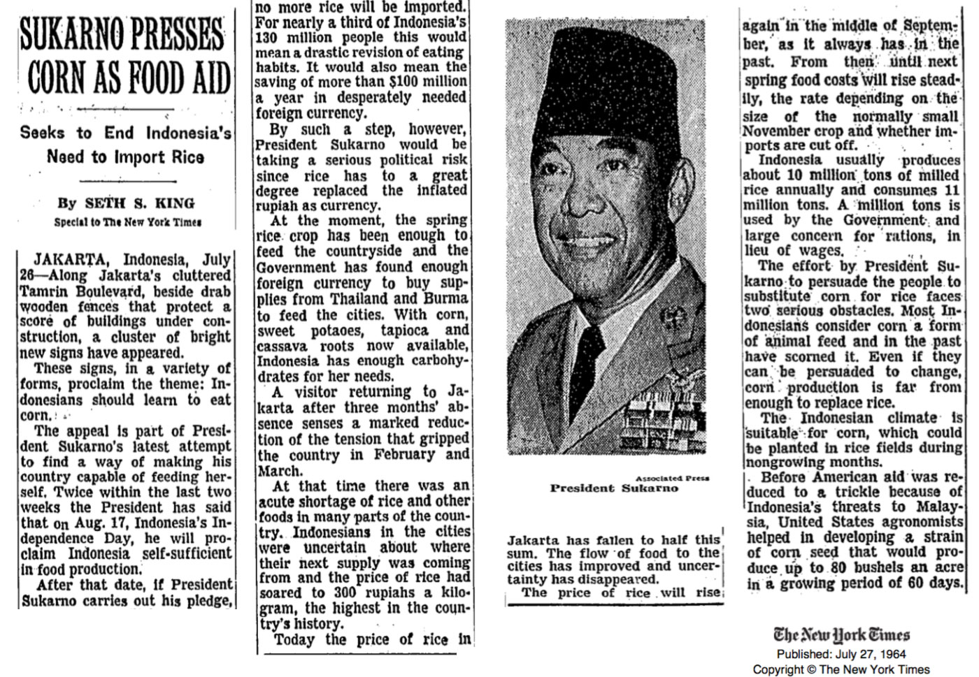 Sukarno Presses Corn As Food Aid.