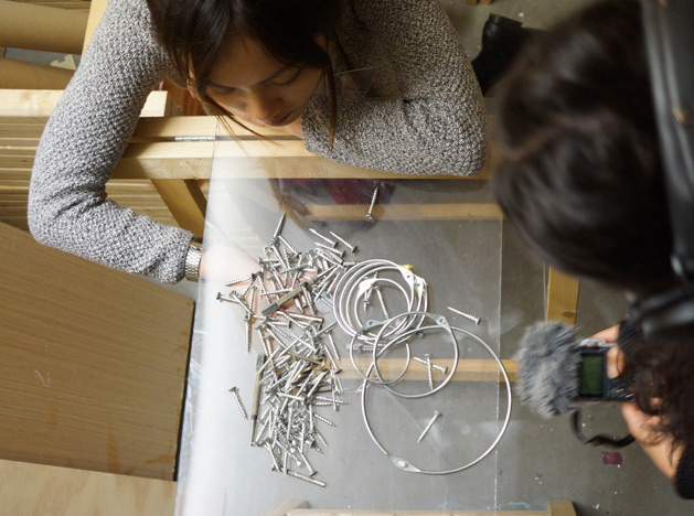 We’d like to experiment with the tangible as well as the intangible. Pictured here, Sam Lim and Angelisa Scalera working with Paula on experimental sound.